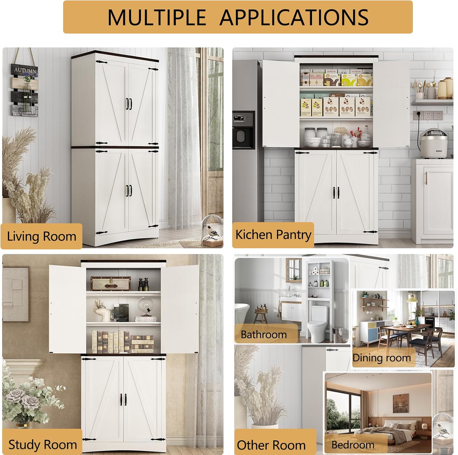 Hlivelood 71' Tall Kitchen Pantry,Farmhouse Storage Cabinet with Adjustable Shelves,Load-Bearing Steel Pipe,Farmhouse Pantry Cabinet with 4 Barn Doors,for Kitchen,Dining Room,Living Room(Rustic White)