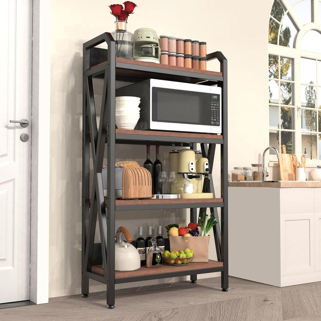56.3' Baker's Rack for Kitchen, 4-Tier Metal Wood Shelf, Heavy Duty Adjustable Shelving Unit, Freestanding Organizer for Garage Pantry Bathroom Closet, Black Brown