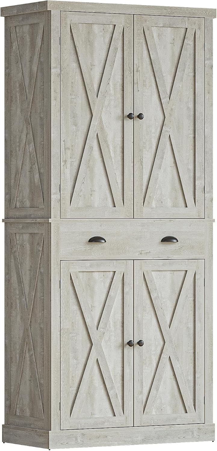 IRONCK Kitchen Pantry Storage Cabinet 72.6' H, with Barn Doors, Drawer, 4 Adjustable Shelves, Freestanding Cupboard for Dining Room Living Room, Laundry, Rustic Maple