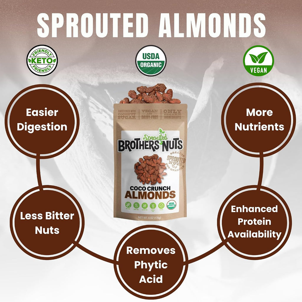 Brothers Nuts Coco Crunch Almonds – Organic, Sprouted Almonds – Healthy Keto Snack – Vegan, Gluten-Free, Kosher – No Preservatives (6oz (10 Pack))