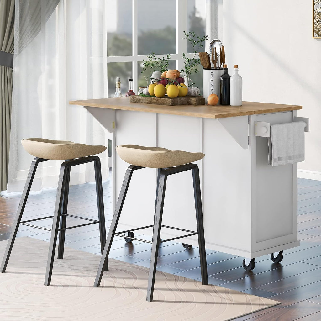 Modern Kitchen Island on 5 Wheels with Storage Cabinet and Drop-Leaf Countertop, Kitchen Cart with Cabinet Door Internal Storage Racks and 3 Drawers for Dinning Room (White#M)