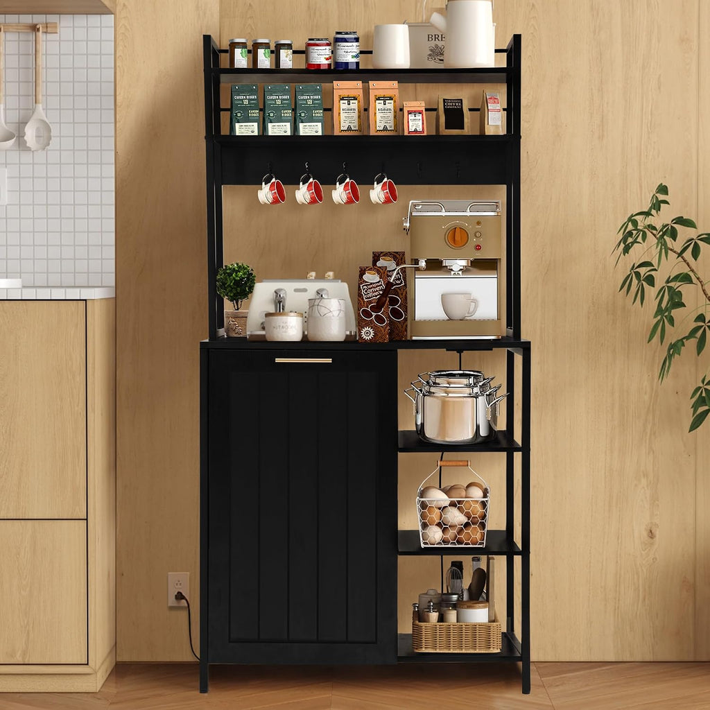 Kitchen Bakers Rack with Power Outlets, Microwave Oven Organizer with Tilt Out Trash Can Cabinet Storage Shelf 6 Tiers Coffee Bar Station Stand, Freestanding Rack with 6 Hooks for Sink Bathroom