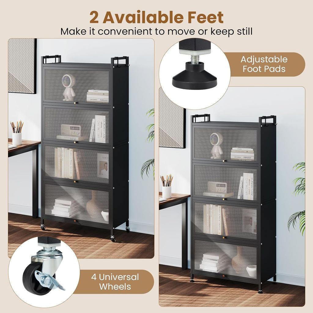 Giantex 5-Tier Kitchen Storage Cabinet, Freestanding Metal Baker's Rack w/4 Flip-up PC Doors, 4 Hooks, Adjustable Feet & Rolling Wheels, Mobile Microwave Stand for Dining Room, Living Room (Black)