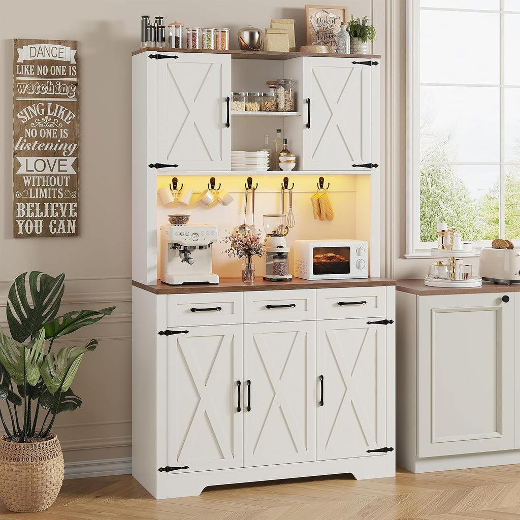 70.9' Tall Kitchen Pantry Cabinet with LED Light & Charging Station, Farmhouse Kitchen Hutch with Large Countertop & 10 Hooks, Kitchen Cabinet Storage with Drawers for Living Room, Dining Room, White