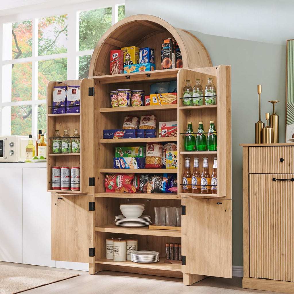 IFGET 71' Tall Arched Kitchen Pantry, Modern Fluted Wood Storage Cabinet with Doors, 3 Adjustable Shelves, 6 Door Shelves, Organizer, Versatile Cupboard for Kitchen, Bathroom, Natural