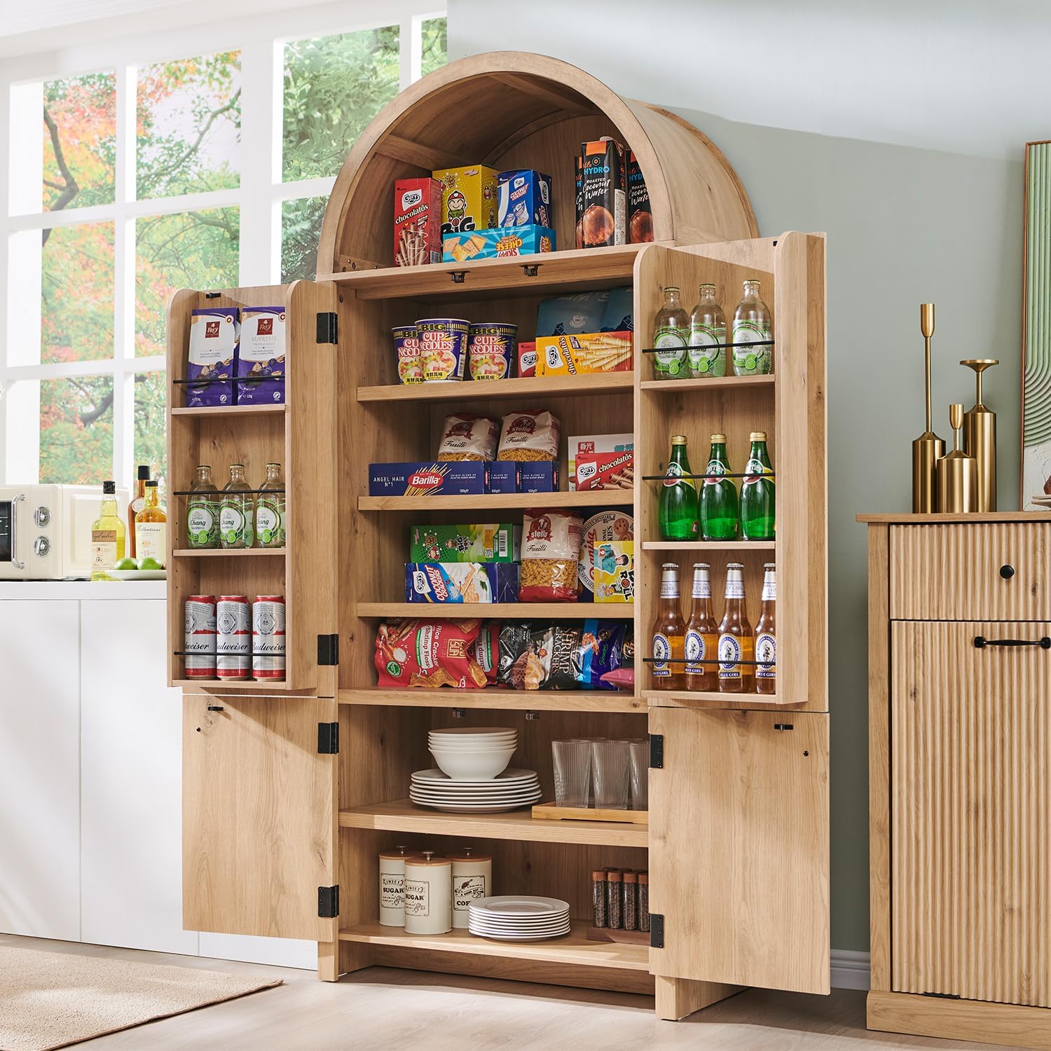 IFGET 71' Tall Arched Kitchen Pantry, Modern Fluted Wood Storage Cabinet with Doors, 3 Adjustable Shelves, 6 Door Shelves, Organizer, Versatile Cupboard for Kitchen, Bathroom, Natural