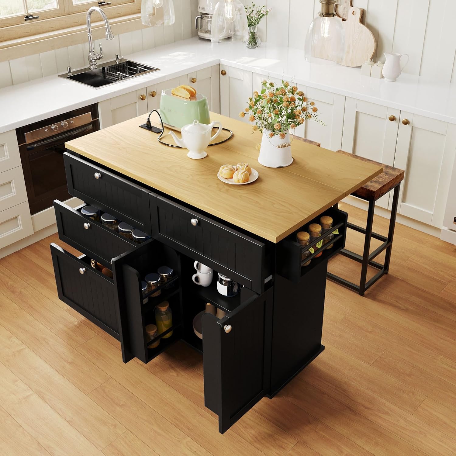 Farmhouse Kitchen Island with Drop Leaf and 2 Seatings, Kitchen Table Set with Storage Cabinet, Drawers, Door Shelves and Power Outlet Black+Rustic Brown
