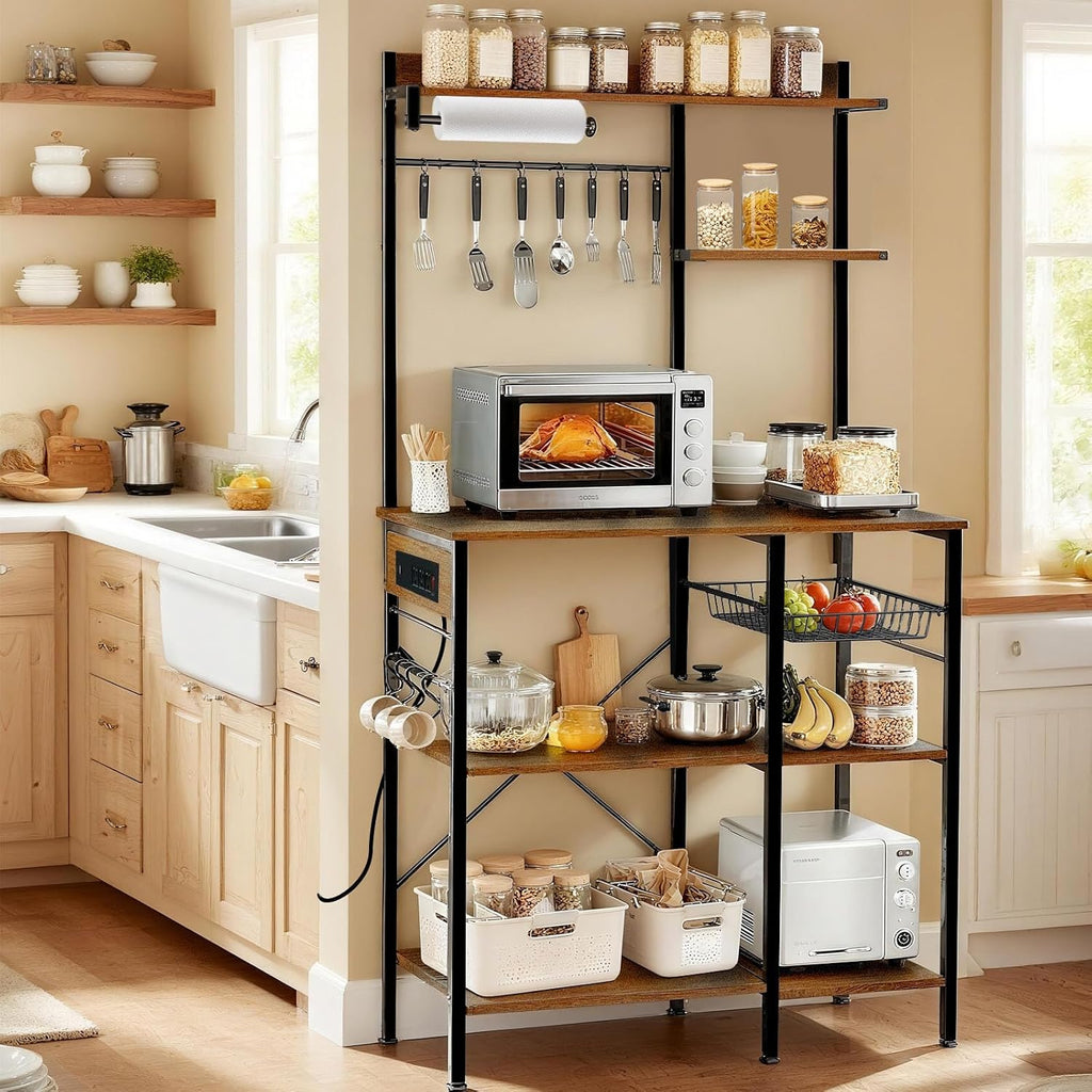 Bakers Rack with Power Outlet, Microwave Stand with Storage, Coffee Bar with S Shaped Hooks, Kitchen Shelf with Wire Basket, Metal Bakers Rack for Spices, Pots (Brown)