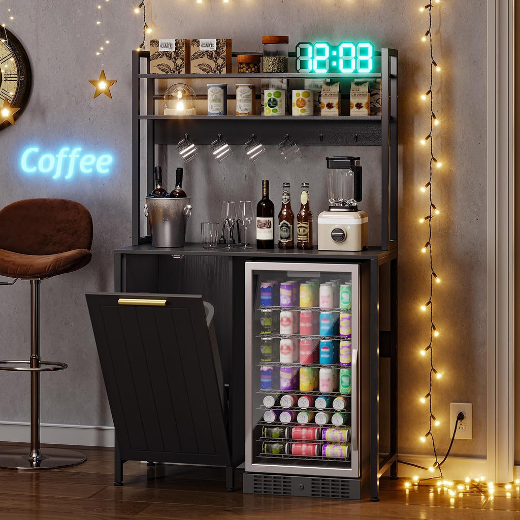 DWVO 63' Tall 39.4' Wide Fridge Stand with Tilt Out Trash Can Fit 10 Gallon, Mini Storage Bakers, Kitchen Rack with Power Outlets Freestadning Coffee Bar Cabinet 3-Tiers Coffee Stand Station Black