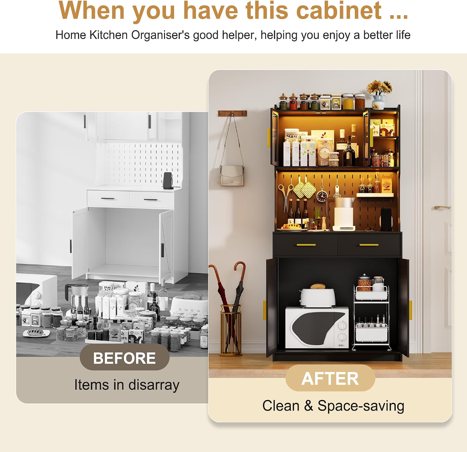 LED Kitchen Pantry Cabinet with Outlets, Farmhouse Storage Cabinet with Drawers & Adjustable Shelves, 64' Tall Cupboard with Pegboard & Hooks for Dining Room (Black)
