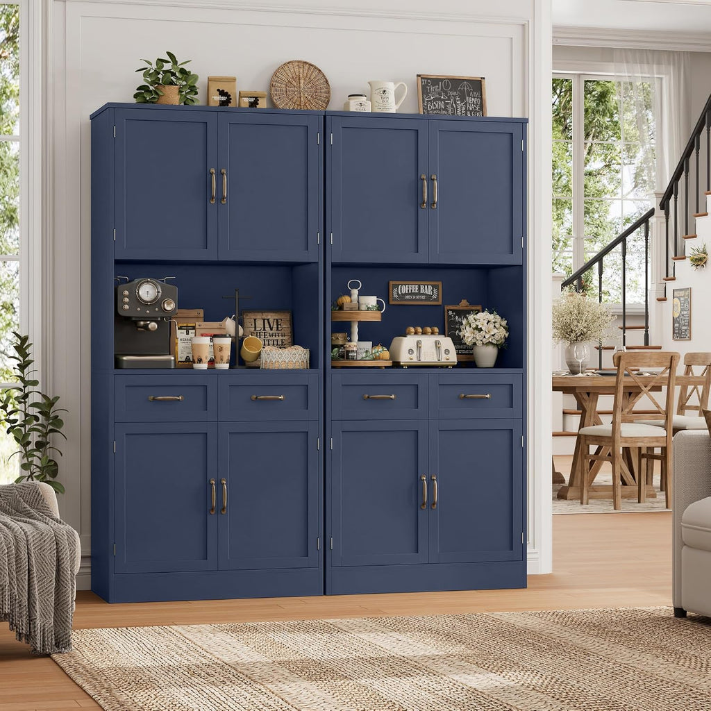 HOSTACK 71' Tall Kitchen Pantry Storage Cabinet, Modern Kitchen Hutch Bar Cabinet with Microwave Stand, Wood Buffet Sideboard with Hutch, Cupboard with Drawers, Shelves for Dining Room, Blue