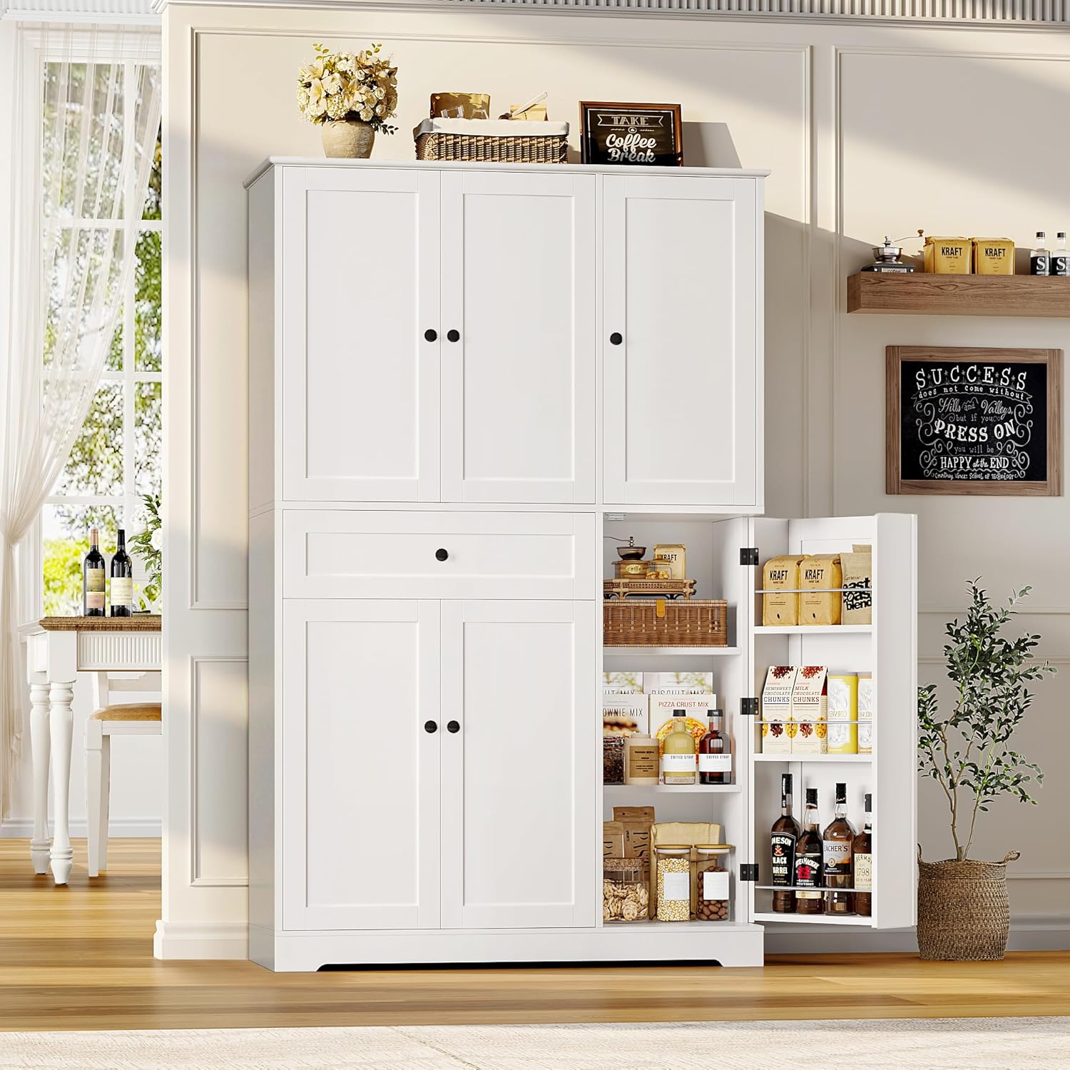 HOSTACK 68' Tall Kitchen Pantry Storage Cabinet, Modern Kitchen Hutch Cabinet with Doors and Shelves, Freestanding Food Pantry with Large Storage Drawer for Dining Room, Living Room, White
