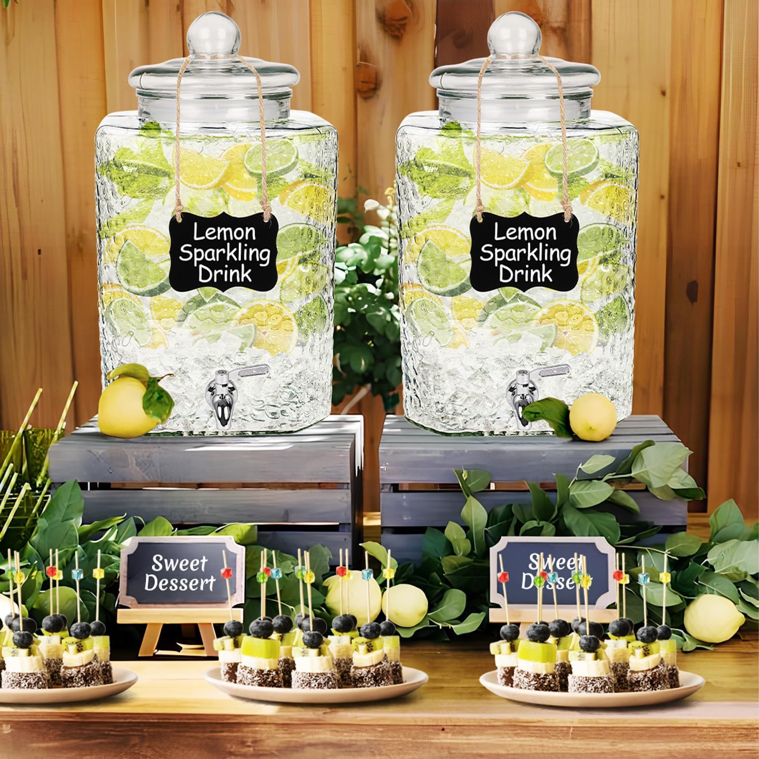 2 Pack 4.6 Gallon Glass Water Dispenser with Lids Stainless Steel Spigot Hammered Clear Drink Beverage Dispenser Water Jug Container for Lemonade Water Juice Iced Tea Party Wedding Kitchen