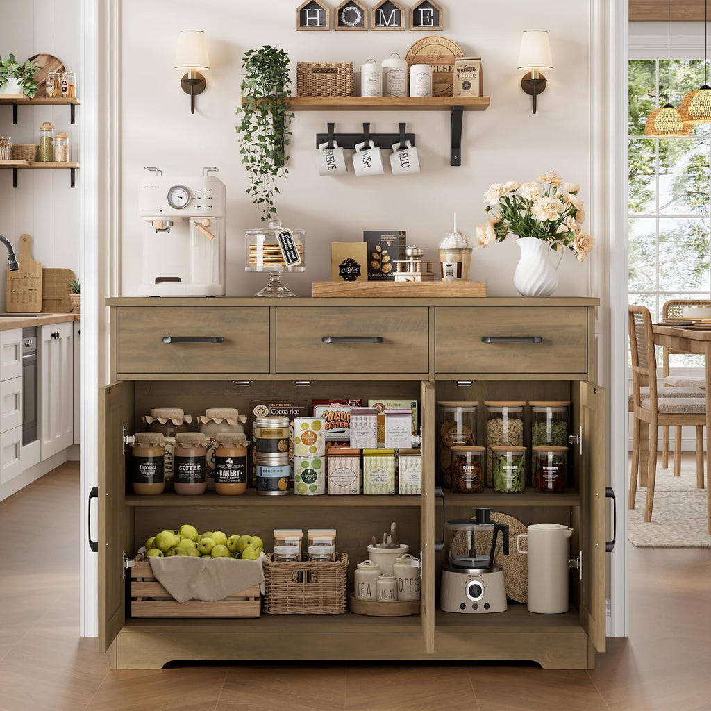 HOSTACK Modern Farmhouse Buffet Sideboard Cabinet, Barn Doors Storage Cabinet with Drawers and Shelves, Wood Coffee Bar Station for Dining Room, Kitchen, Living Room, Rustic Brown