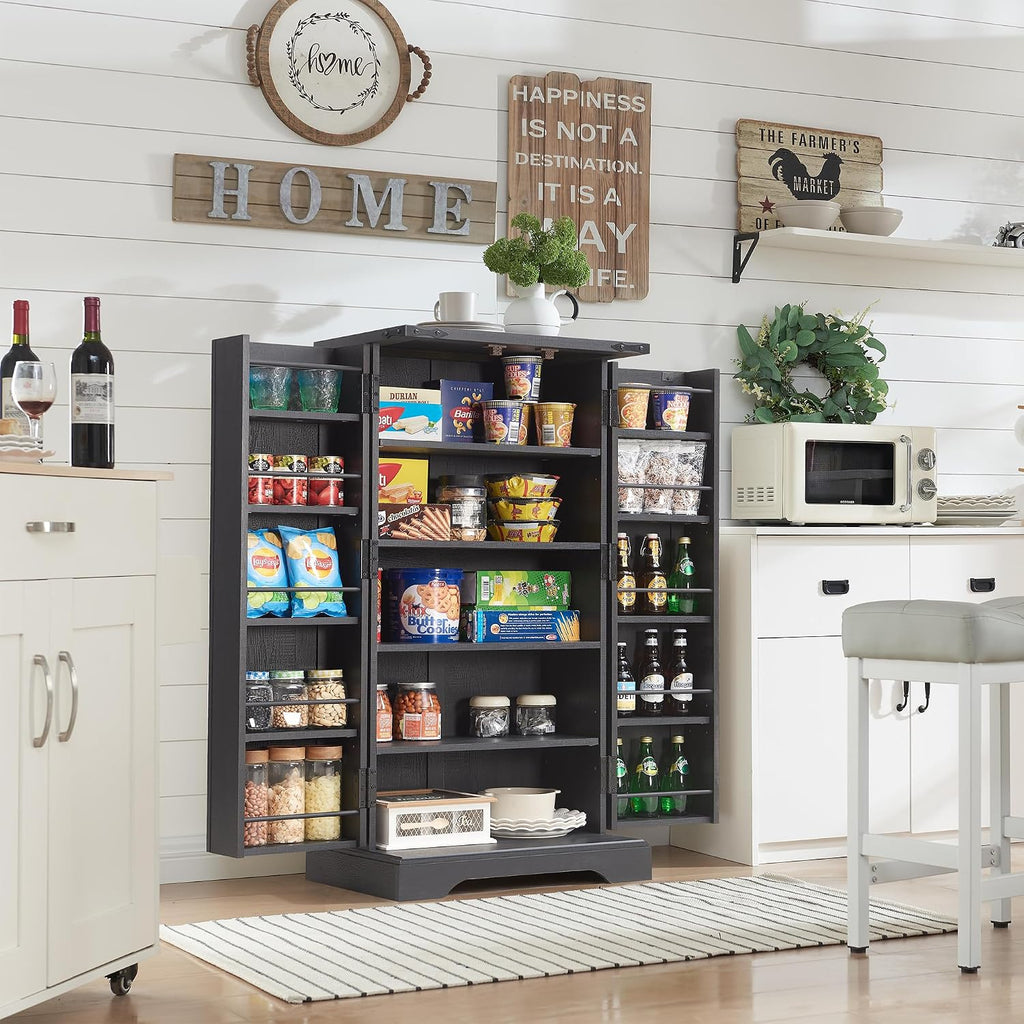 ACCOHOHO 47' Kitchen Pantry, Farmhouse Storage Cabinet with Barn Doors, Organizer and Adjustable Shelves, Rustic Wood Cupboard for Kitchen, Dining Room, Bathroom and Hallway, Black
