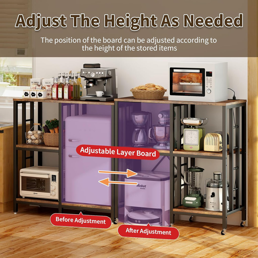 METYERRY Adjustable Kitchen Bakers Rack with Power Outlet,4-Tier Microwave Stand Kitchen Cart,Mini Fridge Stand with Storage,Bar Cabinet,Suitable for Office,Coffee Bar,Living Room,Patio,Rustic Brown