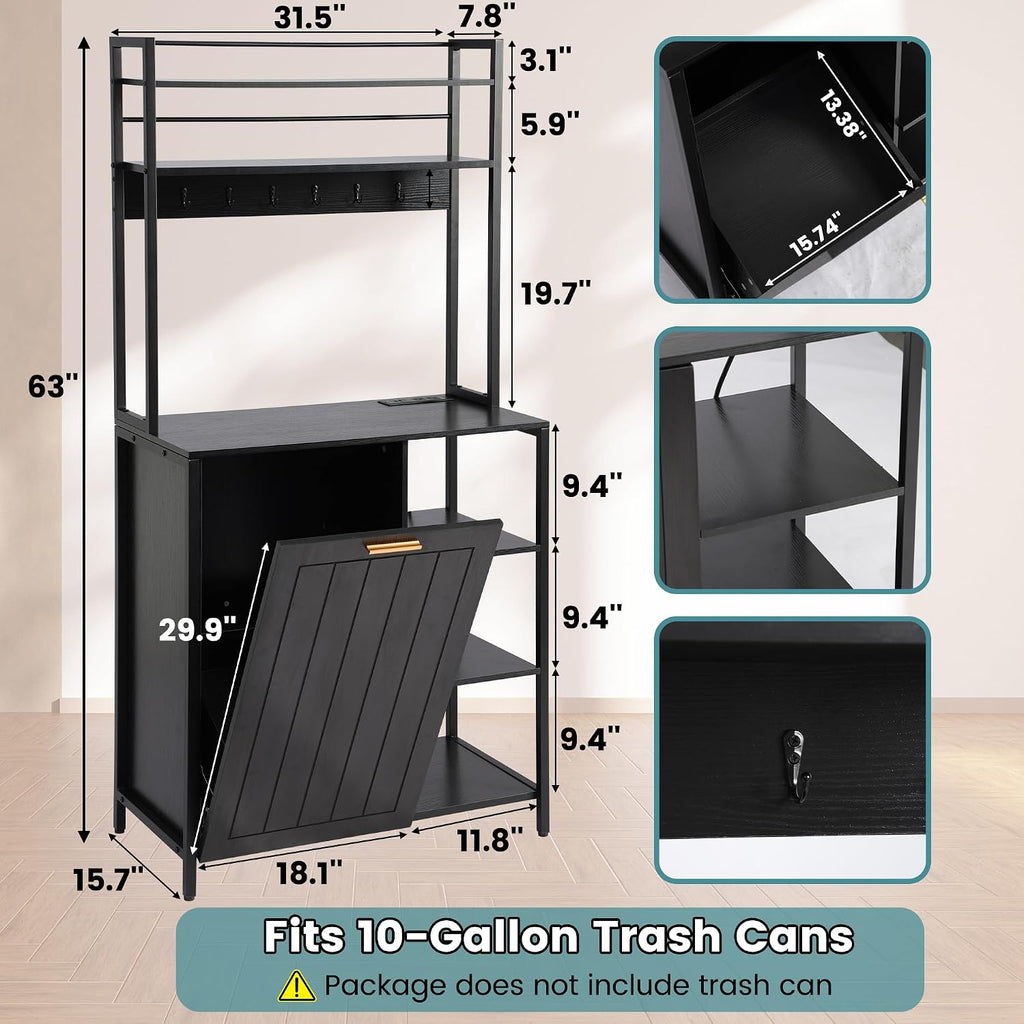 Kitchen Bakers Rack with Power Outlets, Microwave Oven Organizer with Tilt Out Trash Can Cabinet Storage Shelf 6 Tiers Coffee Bar Station Stand, Freestanding Rack with 6 Hooks for Sink Bathroom