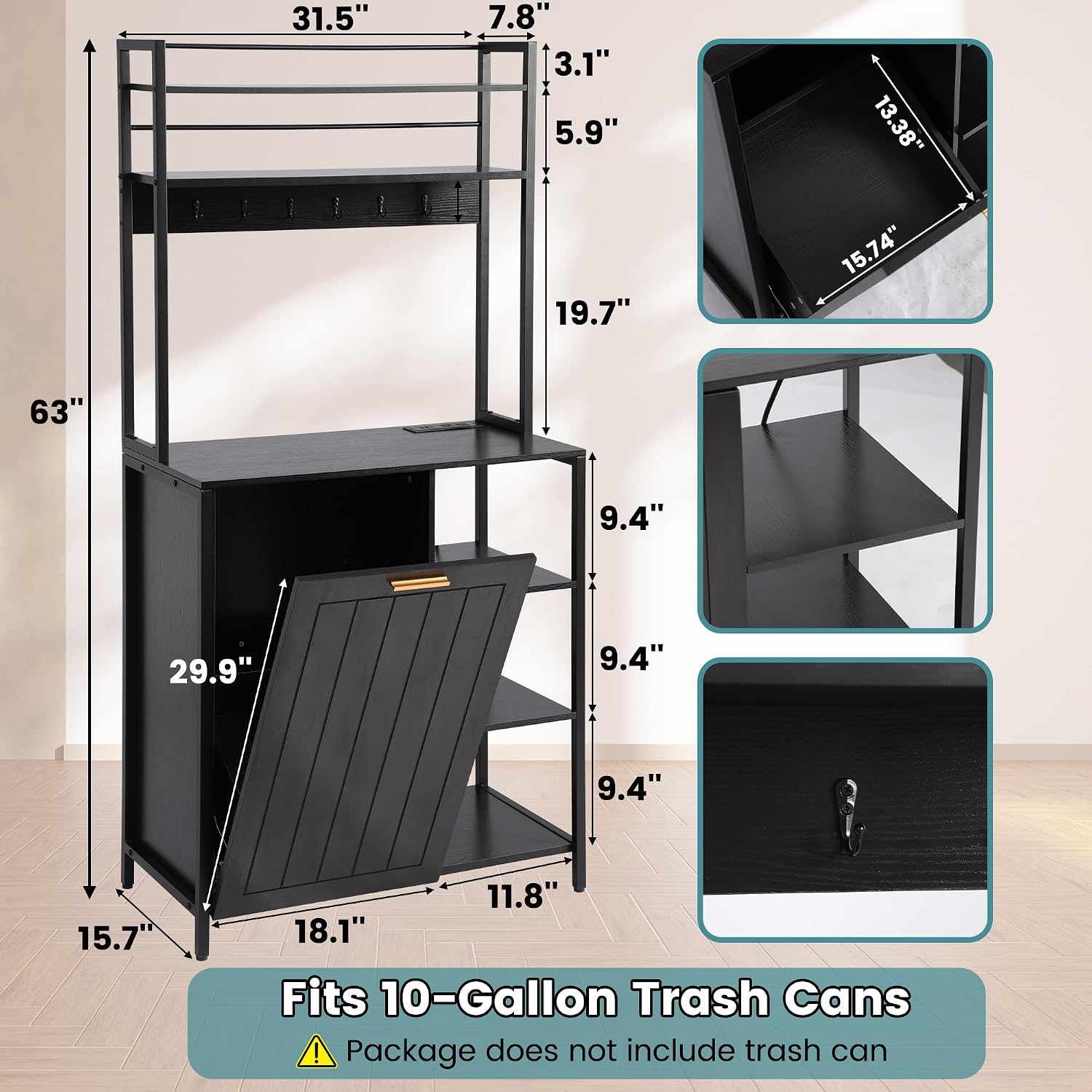 Kitchen Bakers Rack with Power Outlets, Microwave Oven Organizer with Tilt Out Trash Can Cabinet Storage Shelf 6 Tiers Coffee Bar Station Stand, Freestanding Rack with 6 Hooks for Sink Bathroom
