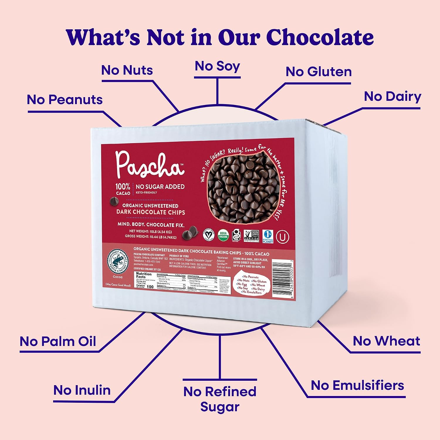 Pascha Bulk Organic Unsweetened 100% Dark Chocolate Baking Chips, 10 Pound
