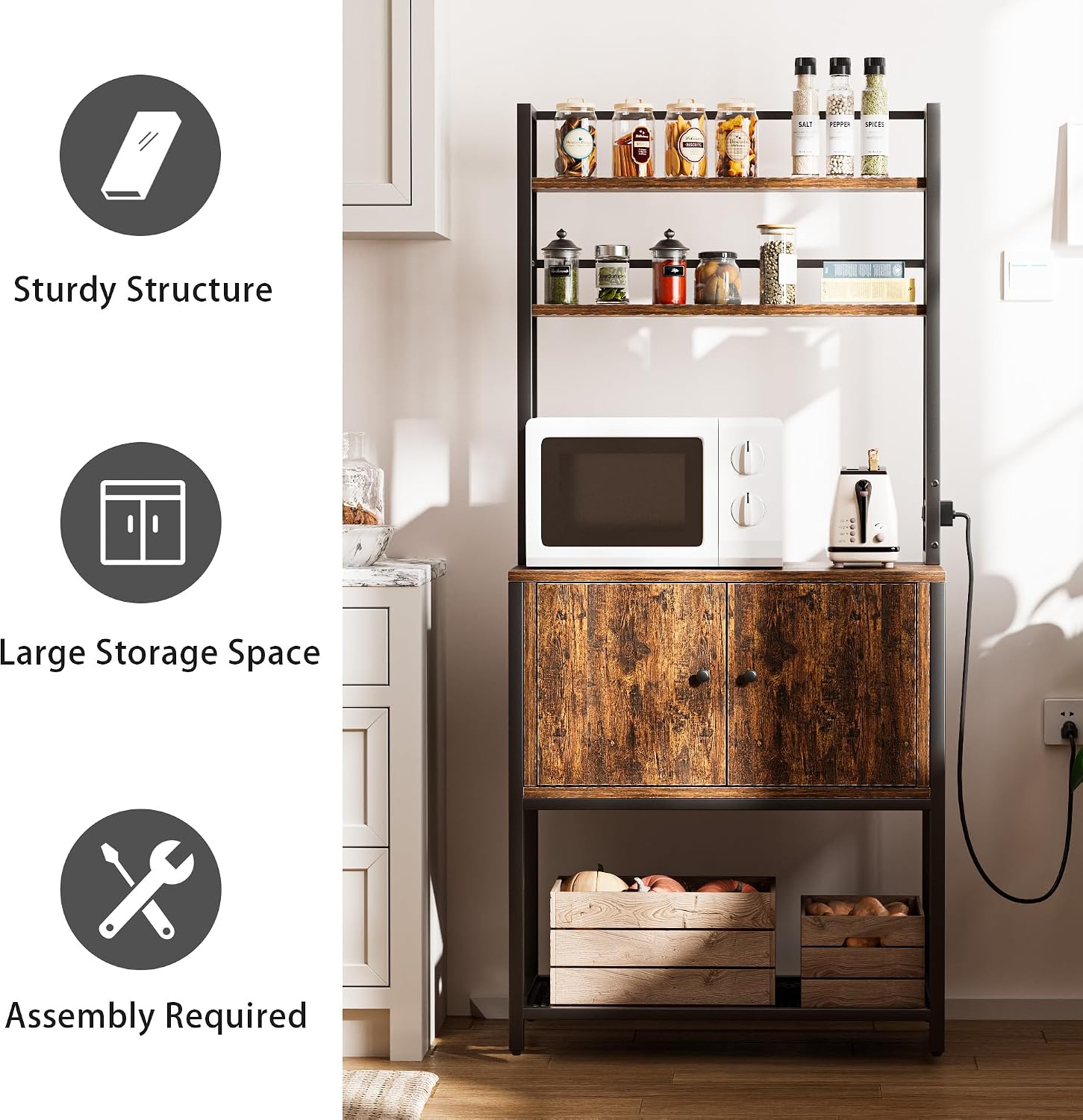 Katutude Kitchen Baker's Rack with Storage Cabinet,5-Tier Baker with Power Outlets Wood Dish Cabinet Metal Spice Rack Microwave Oven Stand for Kitchen Dining Room Brown