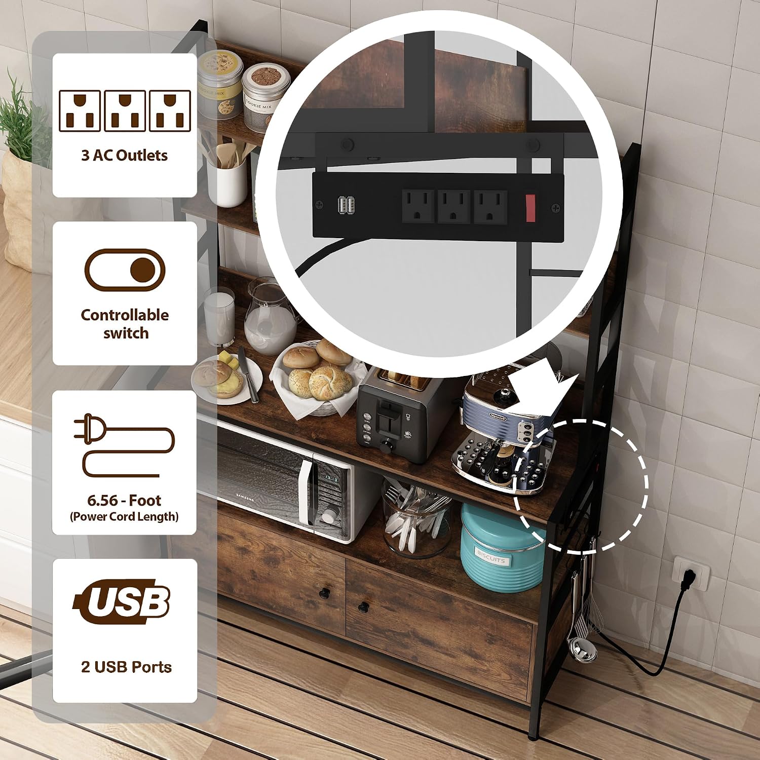 5-Tier Kitchen Bakers Rack with Power Outlet,Industrial Microwave Oven Stand, Utility Storage Shelf,Free Standing Kitchen Utility Cart Storage Shelf Organizer with Hooks