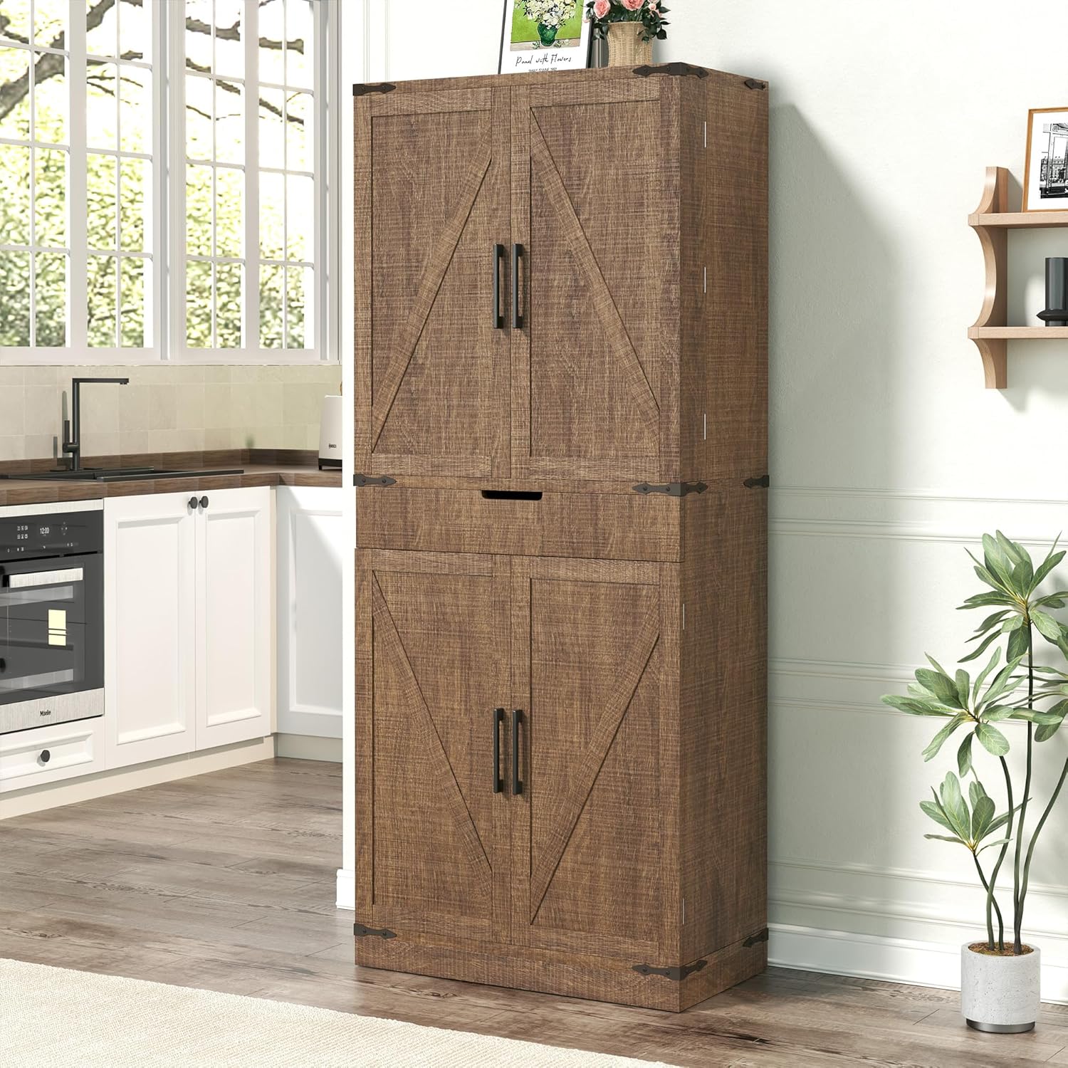 GRUSIGN 72' Kitchen Pantry Storage Cabinet with Doors and Shelves, Wood Farmhouse Pantry Storage with Barn Doors for Kitchen, Dining Room, Living Room, Dark Brown
