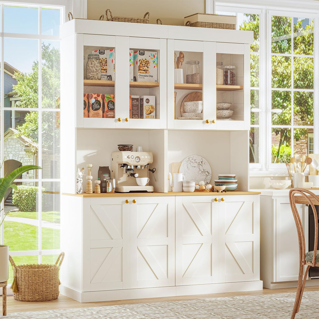 ivaniti 71' Tall Farmhouse Kitchen Pantry, Large Storage Cabinet with Glass Doors, Freestanding Coffee Bar Hutch with Microwave Stand, Adjustable Shelves for Kitchen, Living Room, White, Set of 2
