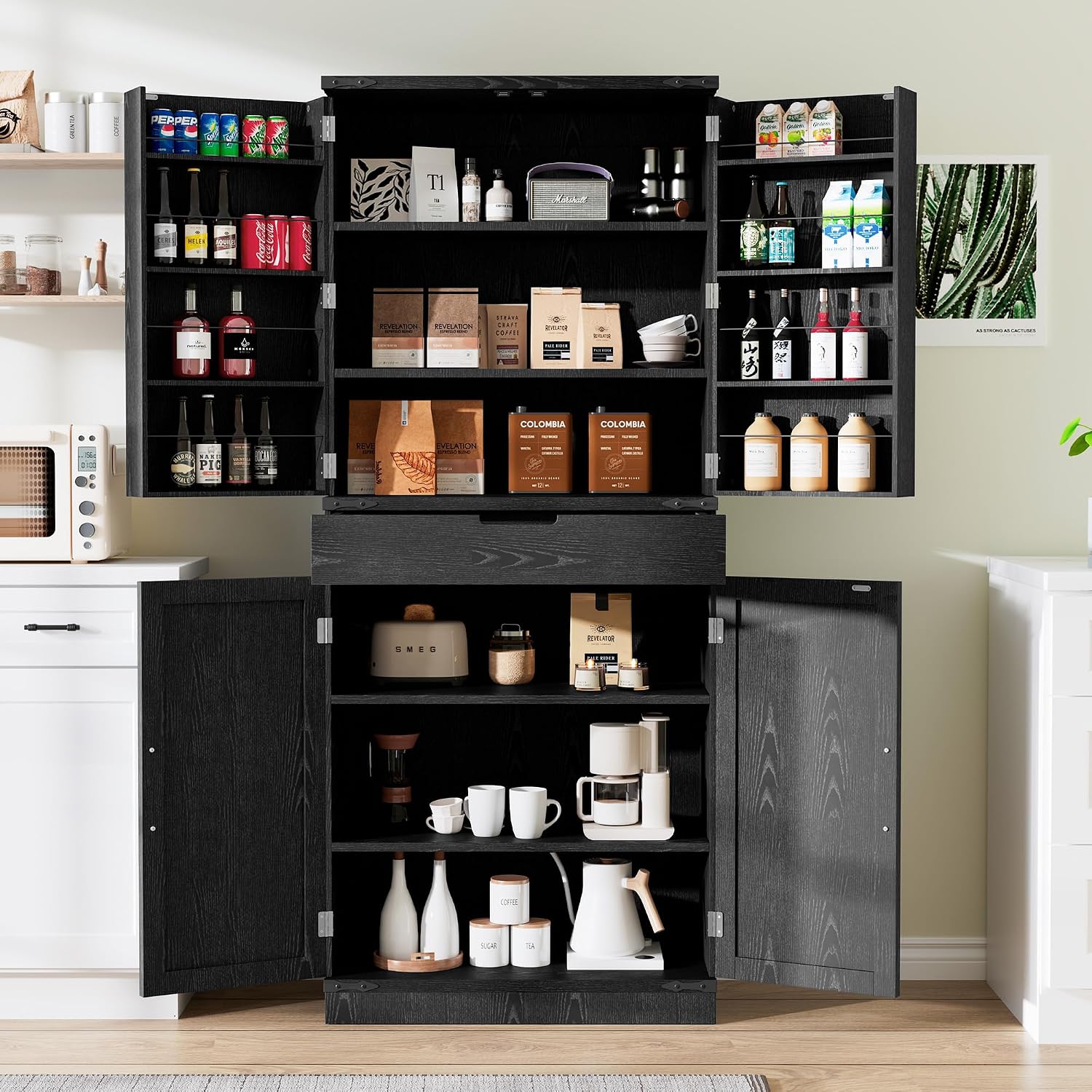 GRUSIGN 72' Tall Storage Cabinet, Kitchen Pantry Cabinet with Adjustable Shelves & Sturdy Steel Frame, Farmhouse Pantry Storage with 4 Barn Doors for Kitchen, Dining Room, and Living Room, Black
