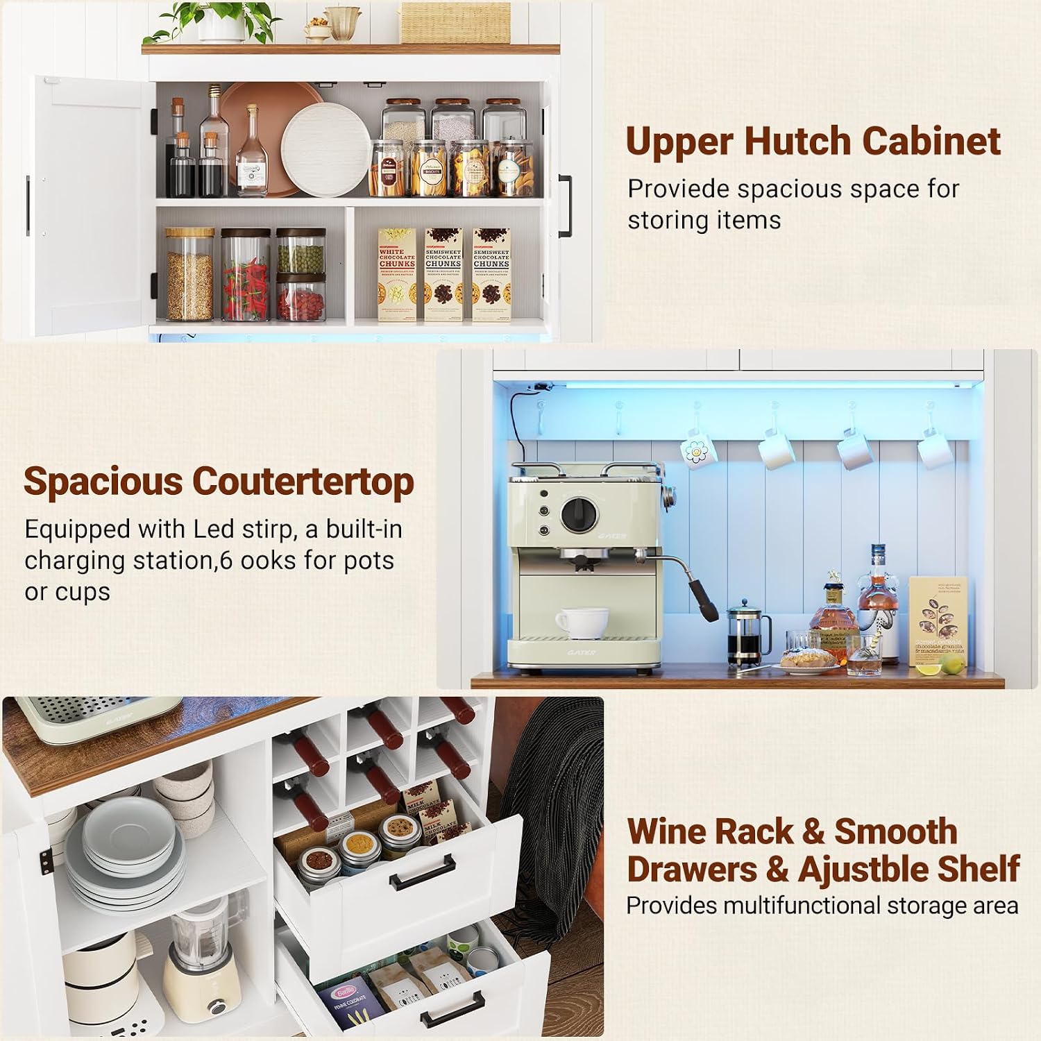 Unikito 72' Tall Pantry Cabinet, Kitchen Pantry Storage Cabinet with LED Light & Outlet, 63' Wide Kitchen Hutch Bar with Microwave Stand, Drawers, Wine Rack & Shelves, Cupboard for Dining Room, White