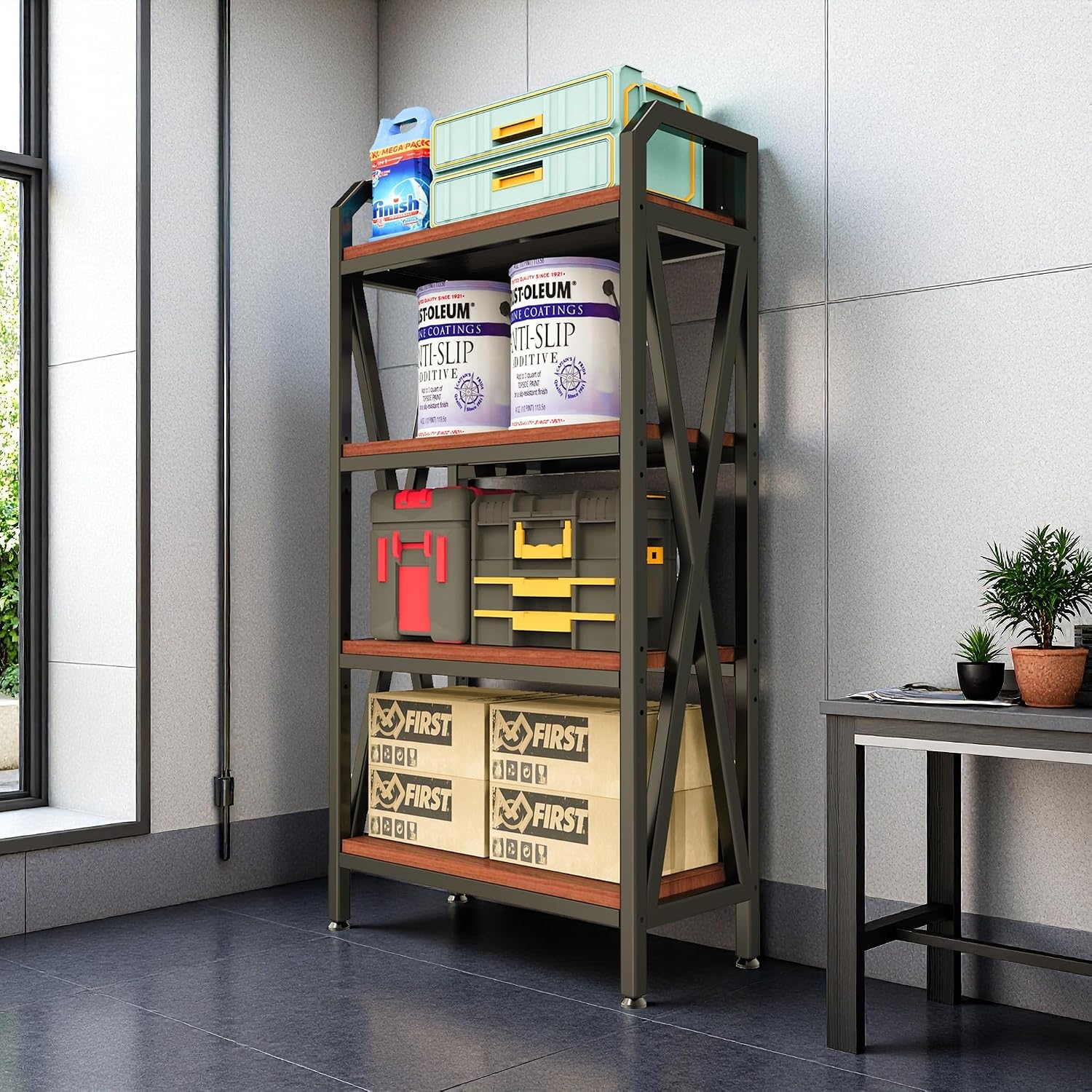 56.3' Baker's Rack for Kitchen, 4-Tier Metal Wood Shelf, Heavy Duty Adjustable Shelving Unit, Freestanding Organizer for Garage Pantry Bathroom Closet, Black Brown