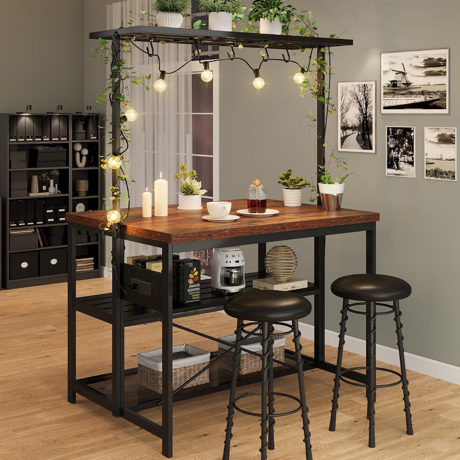 47 inch Kitchen Island with Storage & Power Outlets, Large Bakers Rack Microwave Stand with 3-Tier Shelves, 5 Hooks for Pantry Organization, Kitchen Counter Prep Table, Vintage