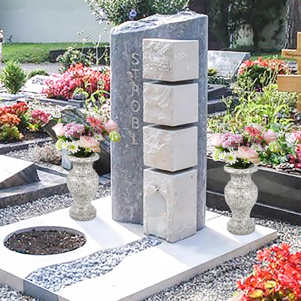 Cemetery Vase, Turned Granite Vase Polished, Memorial Stone Vases with Draining Holes for Home Tabletop, Cemetery Flowers, Grave Headstone Decorations (2Pcs, Grey)
