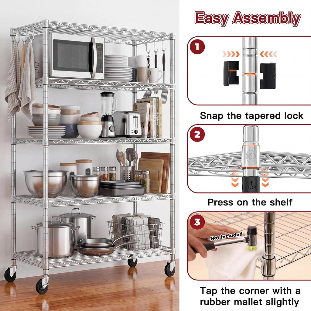 PrimeZone 2 Pack Steel Storage Wire Shelving 5 Tier Metal Shelves with Wheels,Adjustable Kitchen Utility Shelving Unit,Pantry Rack Rolling Metal Shelf Laundry,Chrome 24' Wx18 Dx75 H