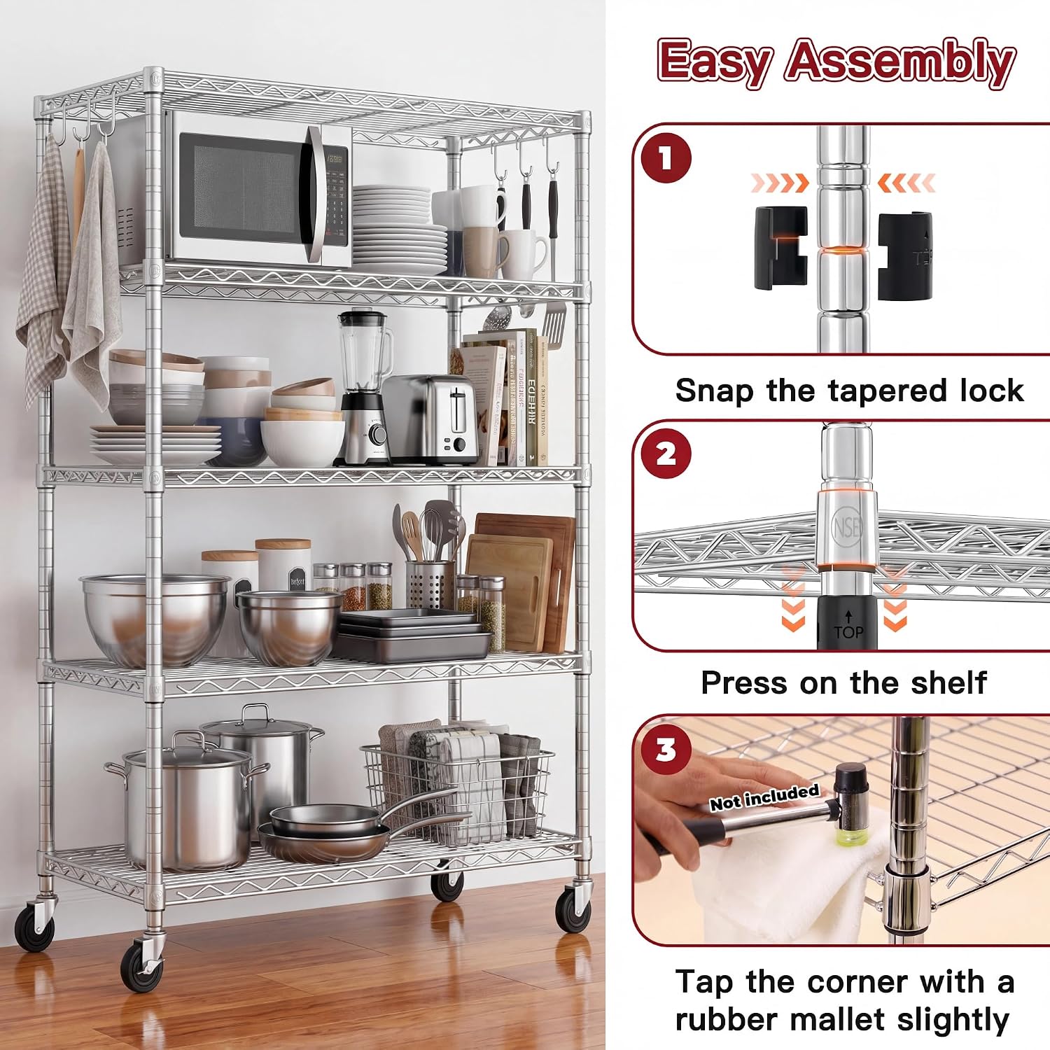 PrimeZone 2 Pack Steel Storage Wire Shelving 5 Tier Metal Shelves with Wheels,Adjustable Kitchen Utility Shelving Unit,Pantry Rack Rolling Metal Shelf Laundry,Chrome 24' Wx18 Dx75 H