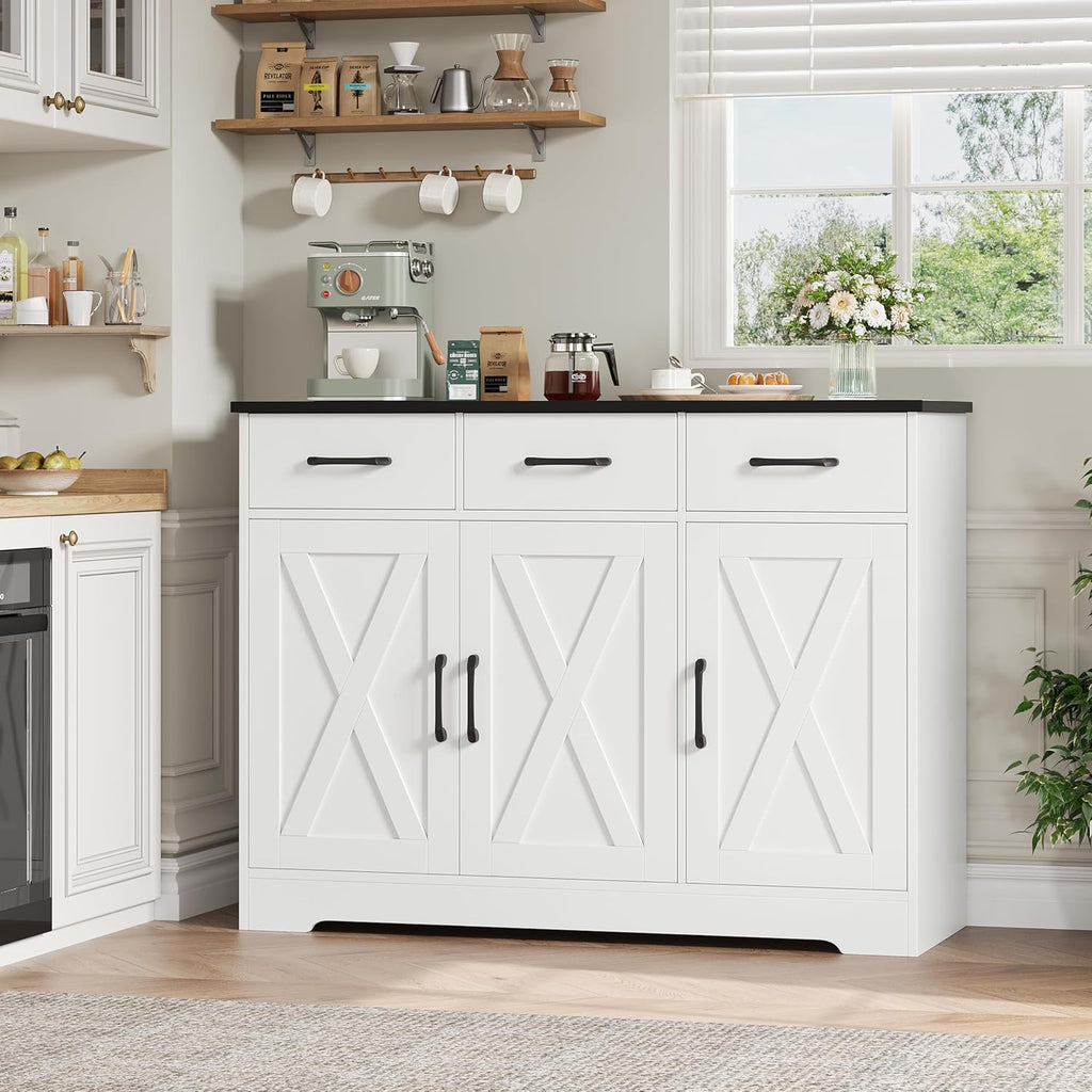 HOSTACK Modern Farmhouse Buffet Sideboard Cabinet, Barn Doors Storage Cabinet with Drawers and Shelves, Wood Coffee Bar with Storage for Dining Room, Kitchen, Living Room, White/Black