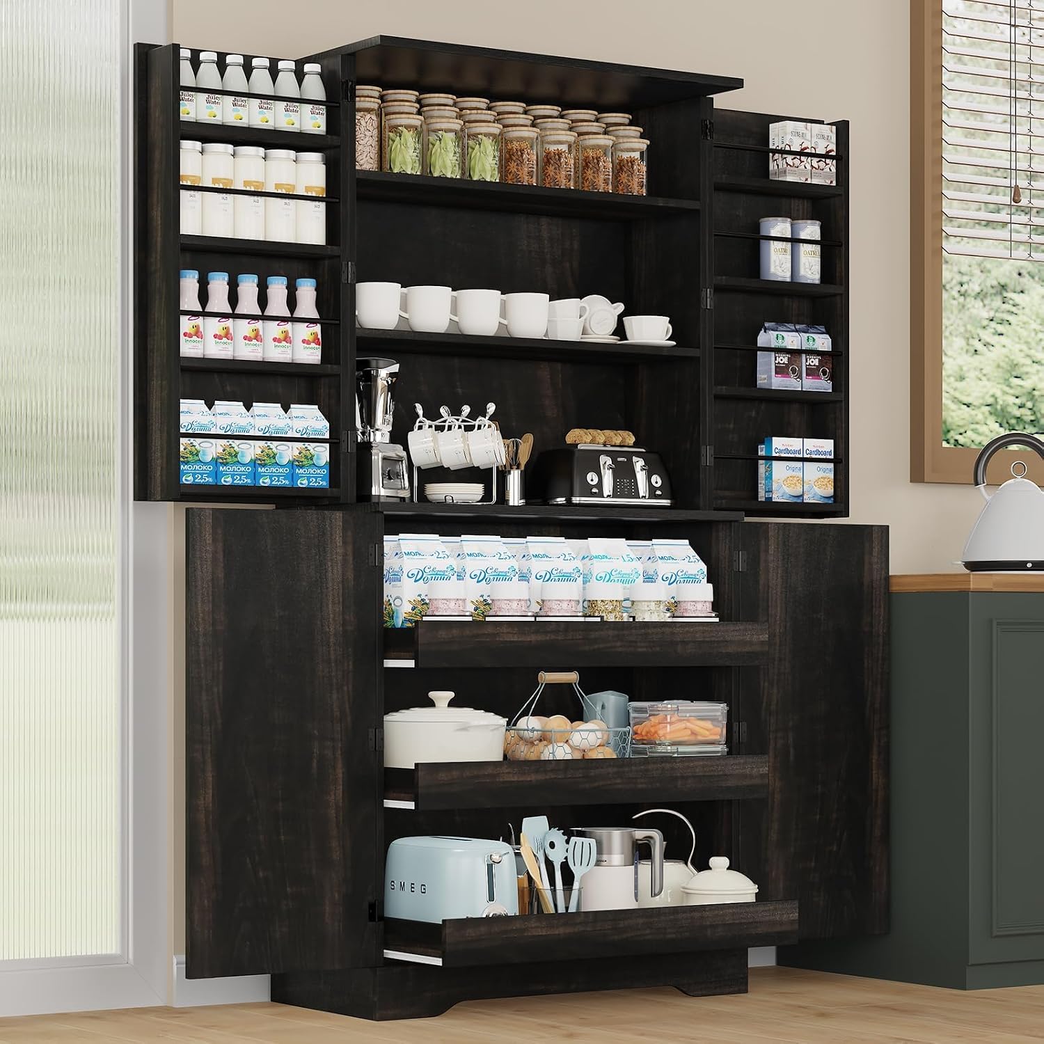 REVOMINCA Pantry Cabinet, 72 Inch Tall Kitchen Pantry Cabinet with Barn Door, Freestanding Storage Cabinet with Drawer & Adjustable Shelves, Pantry Organizer for Kitchen Dining Room Living Room, Oak