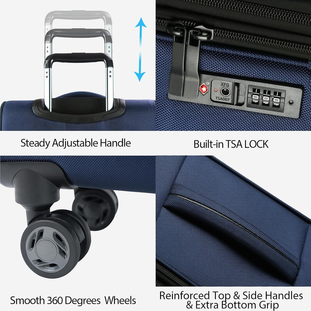 KROSER Softside Expandable checked Luggage with Front Business Pockets，24 Inch Suitcases with Spinner Wheels & Built-in TSA Lock, Durable Suitcase Rolling Luggage, Navy