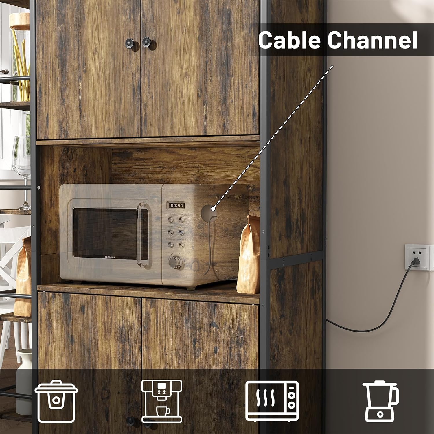 Industrial Style Kitchen Pantry Storage Cabinet, Brown Tall Kitchen Hutch with Microwave Stand, Food Pantry Cabinet with Side 6 Shelves and 2 Doors for Dining Room, Living Room