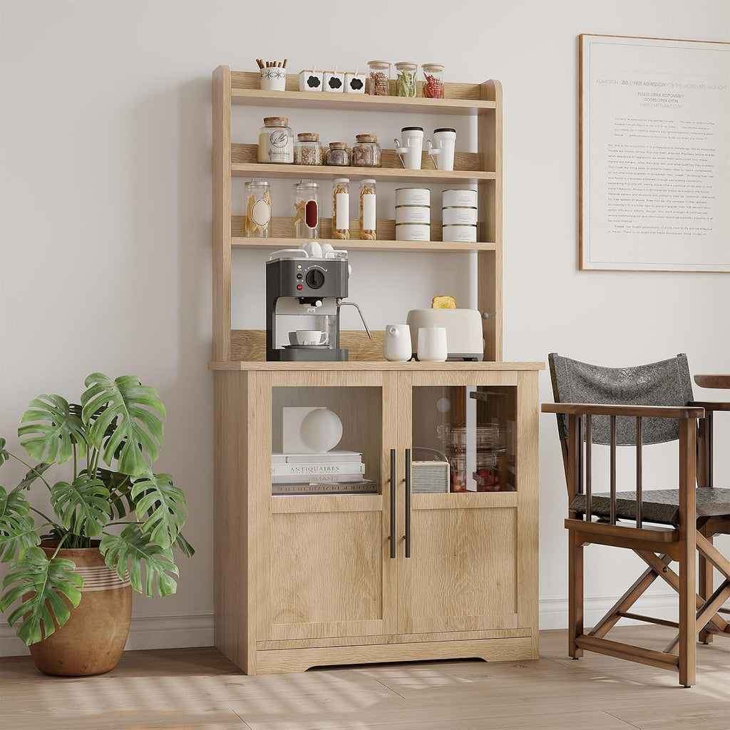 6-Tier Kitchen Bakers Rack,Storage, Power Outlet, and Glass Doors,Freestanding Farmhouse Coffee Bar Cabinet for Kitchen, Living Room, Dining Room,Natural Wood