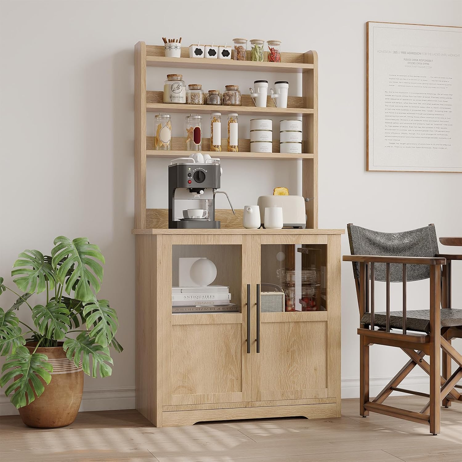 6-Tier Kitchen Bakers Rack,Storage, Power Outlet, and Glass Doors,Freestanding Farmhouse Coffee Bar Cabinet for Kitchen, Living Room, Dining Room,Natural Wood