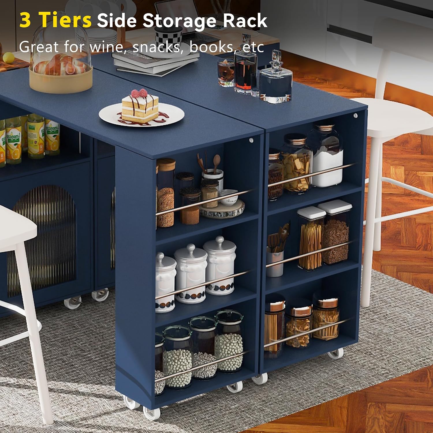 Rolling Kitchen Island W/Extended Table, Kitchen Island On Wheels with LED Lights,Power Outlets and 2 Fluted Glass Doors,Kitchen Island with a Storage Compartment&Side 3 Open Shelves ( Dark blue )