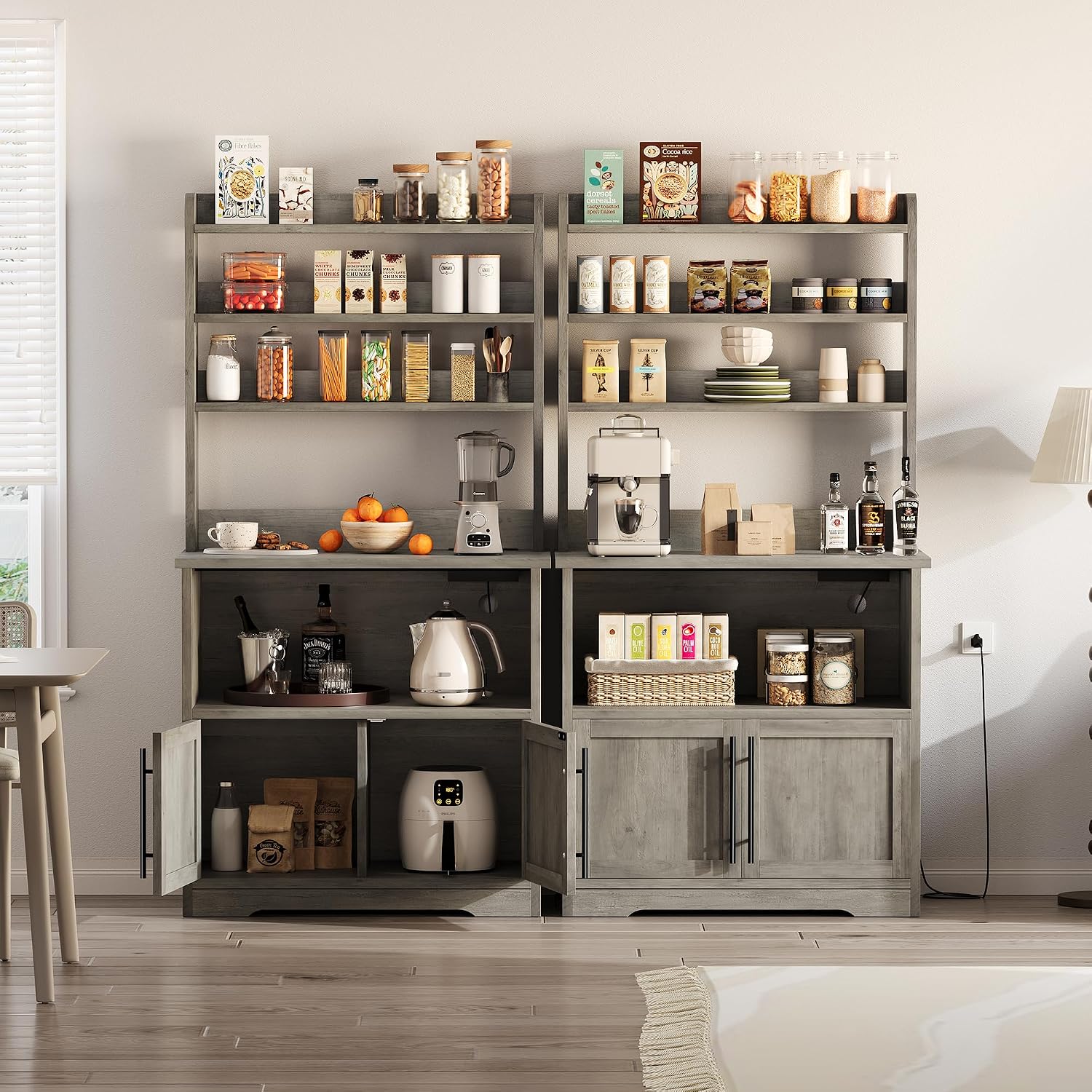 TrailBlaze Farmhouse Bakers Rack – Storage Cabinet & Thickened Tabletop – Power Outlets & USB Ports – Coffee Bar Shelf for Dining Room – Color: Grey, US Standard Power