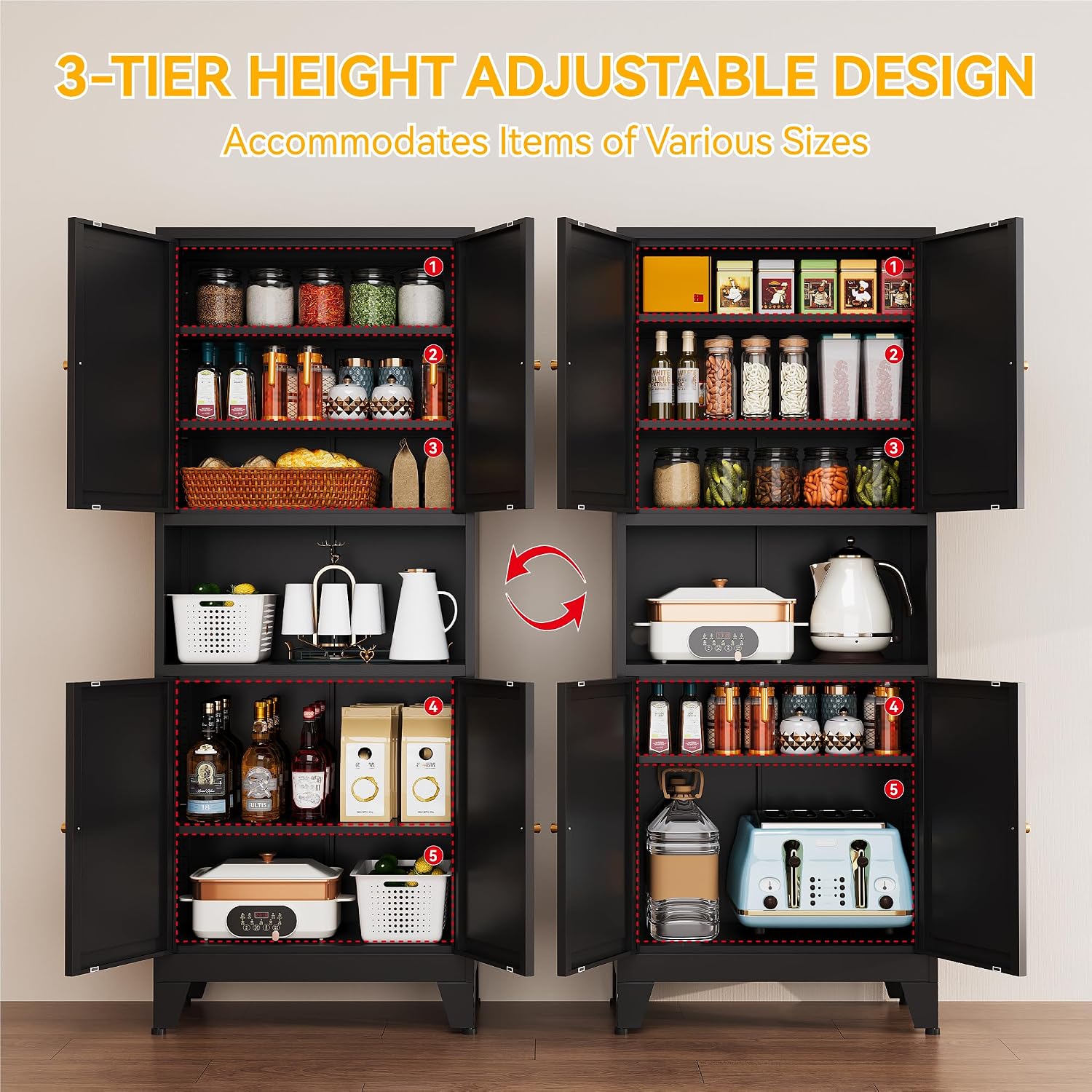 YAUWOH 69' Tall Metal Pantry Cabinet with Microwave Shelf, 4 Doors & 3 Adjustable Shelves, 120LBS Per Shelf Heavy Duty Storage Cabinet with Anti-Tip Design for Kitchen,Dining Room (1PC,Black)