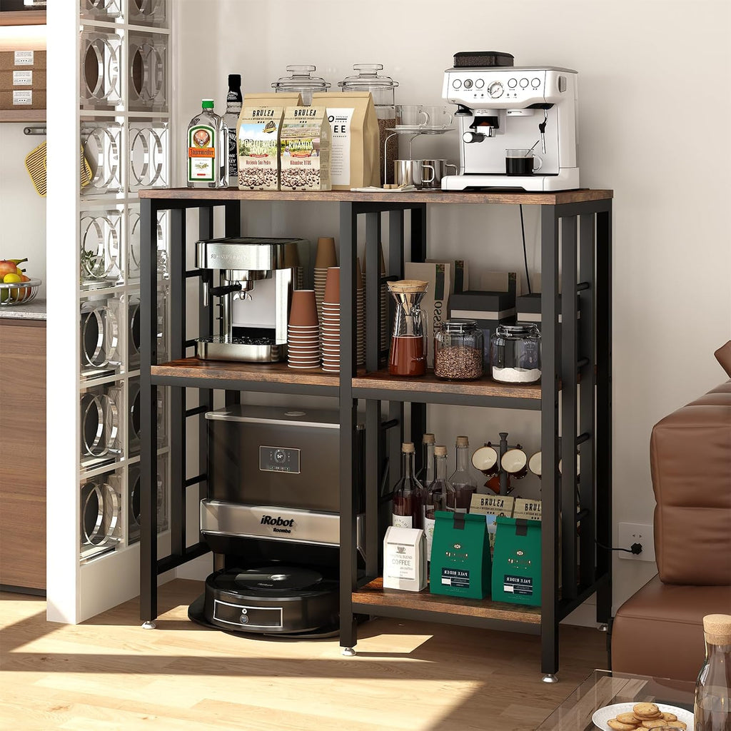 METYERRY Adjustable Mini Fridge Cabinet with Power Outlet,Kitchen Bakers Rack with Storage,Mini Fridge and Microwave Stand, Suitable for Office,Coffee Bar,Living Room, Dorm,Patio,Rustic Brown