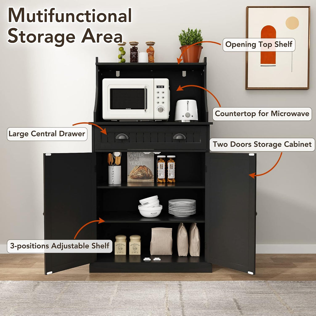 HOLTICO 54' Freestanding Kitchen Pantry Storage Cabinet with Doors and Adjustable Shelves, Microwave Oven Cabinet with Drawer for Kitchen, Bathroom or Hallway,Black