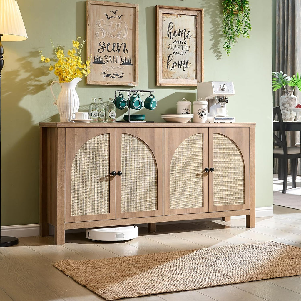 Okvnbjk Rattan Buffet Cabinet with Storage - 4 Soft-Close Doors Sideboard for Dining Room & Living Room, Coffee Bar Cabinet with Adjustable Shelves