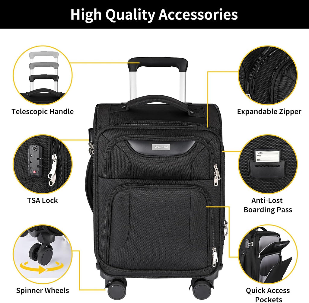 WireHot 3-Piece Softside Expandable Luggage Set with Front Open Pocket, Lightweight and Durable Oxford Fabric Suitcase Set with TSA Lock (Black, 20in/24in/28in)