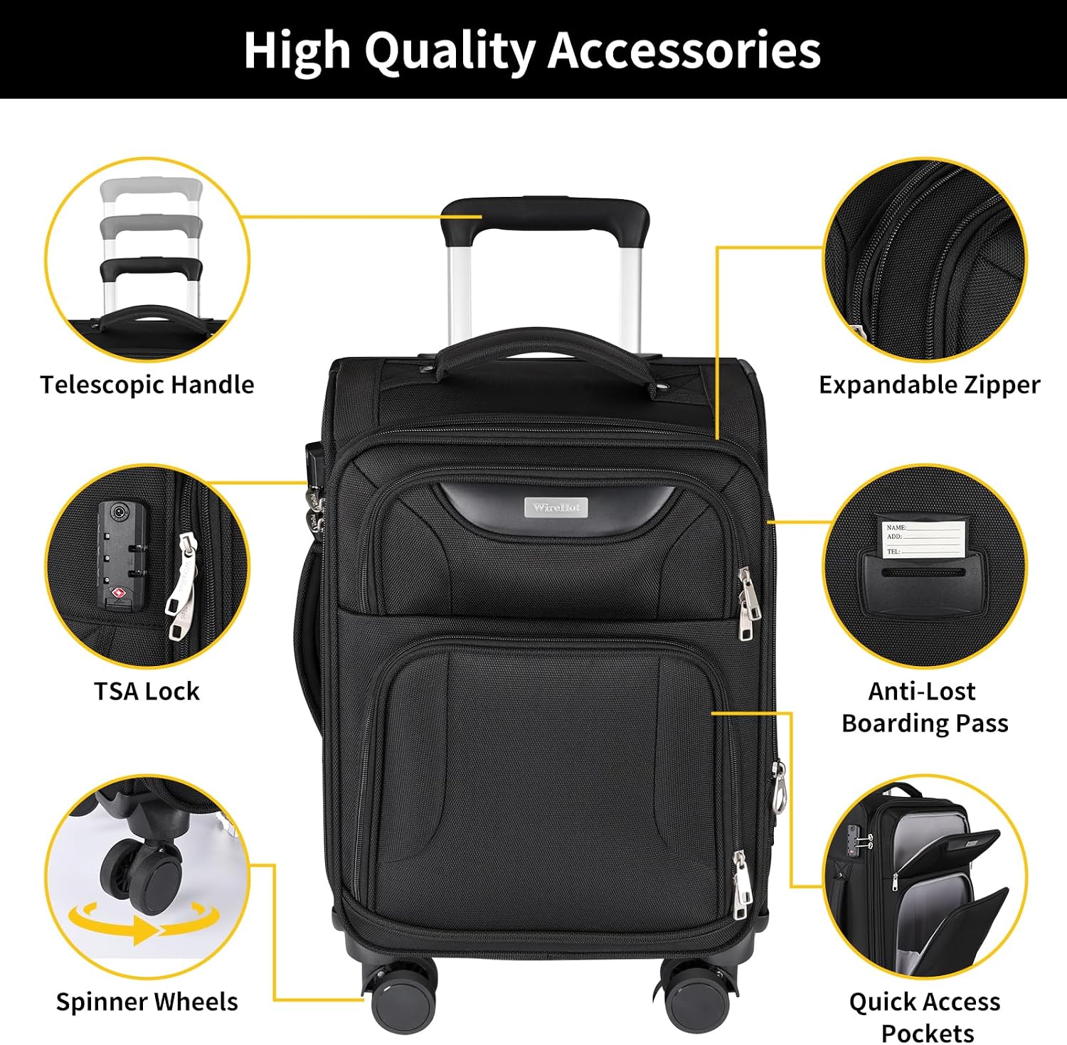 WireHot 3-Piece Softside Expandable Luggage Set with Front Open Pocket, Lightweight and Durable Oxford Fabric Suitcase Set with TSA Lock (Black, 20in/24in/28in)