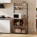 Katutude Kitchen Baker's Rack with Storage Cabinet,5-Tier Baker with Power Outlets Wood Dish Cabinet Metal Spice Rack Microwave Oven Stand for Kitchen Dining Room Brown