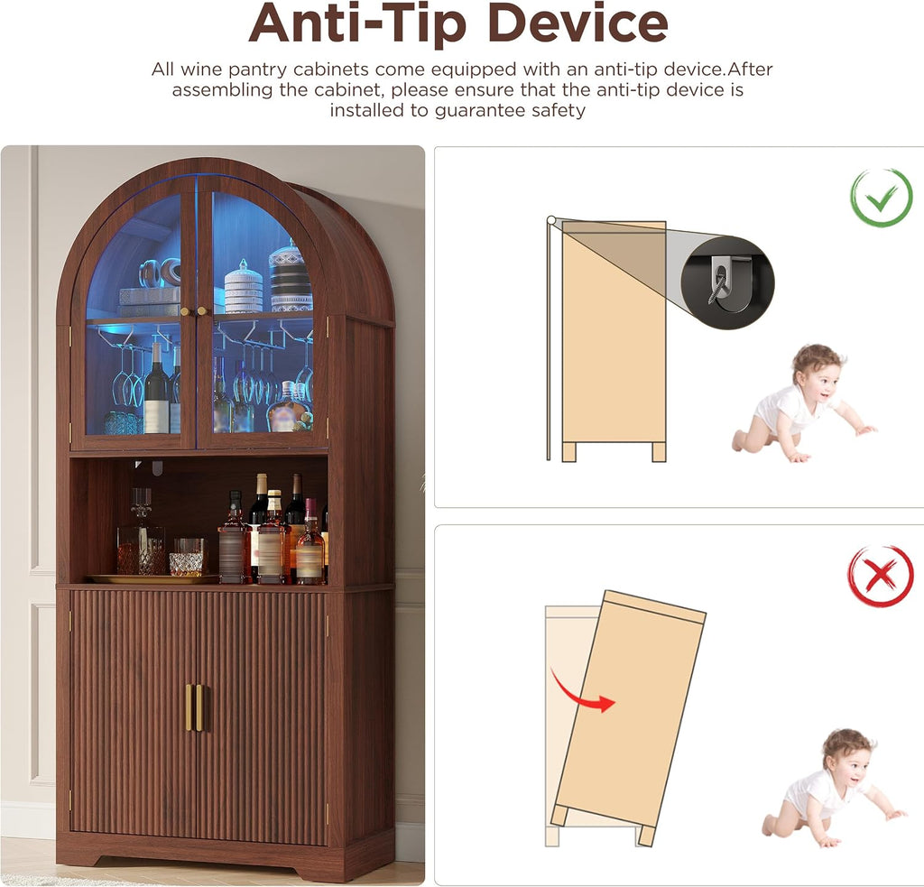 Maupvit 70' Tall Arched Wine Bar Cabinet with LED Light, Fluted Coffee Bar Cabinets with Stemware Rack, Kitchen Pantry Cupboard with Glass Doors, Liquor Cabinet for Home, Dining Room (Walnut)